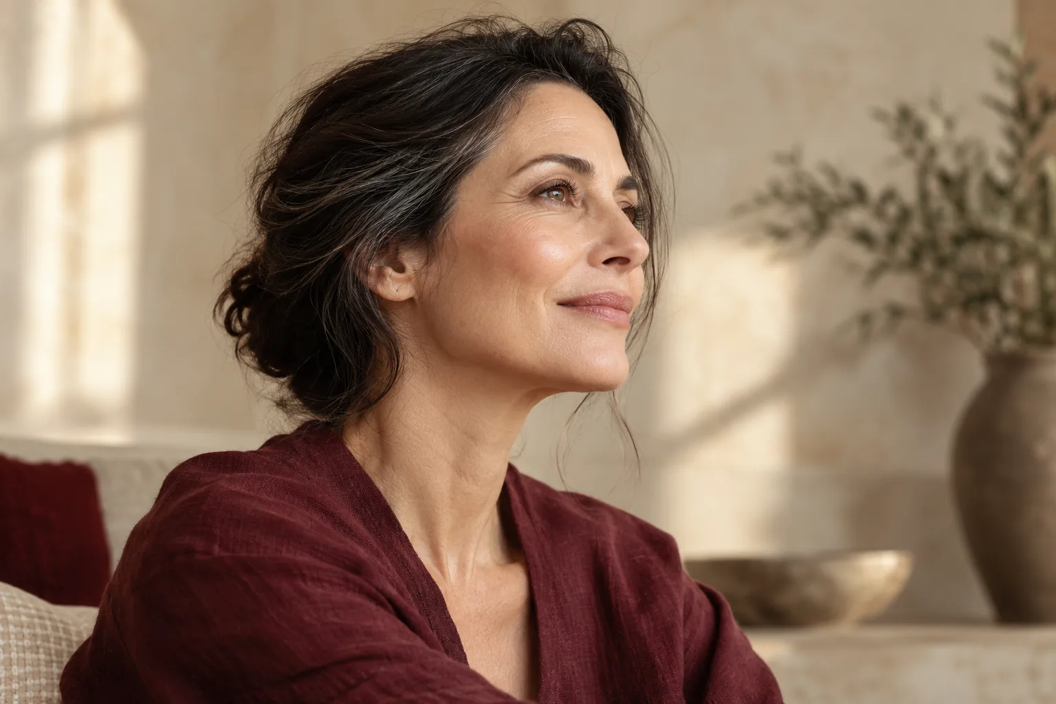 Editorial portrait showing a mature woman’s profile, jawline and natural neck texture.